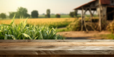 The empty wooden brown table top with blur background of farm and barn. Exuberant image.の写真素材