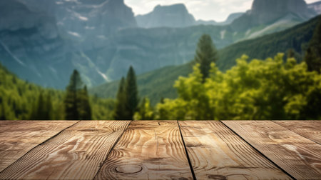 The empty wooden brown table top with blur background of trekking path. Exuberant image.の写真素材