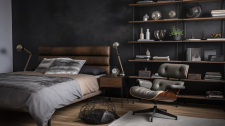 Bedroom decor, home interior design . Industrial Mid-Century Modern style with Bookshelf decorated with Metal and Leather material . Generative AI AIG26.の素材