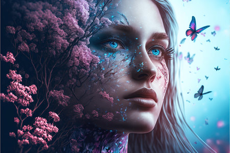 Magical fantasy forest princess design with springtime blossom flower bouquet hairstyle. Pink and teal makeup in fairytale design as pagan spirit of the forest. Superb Generative AIの素材