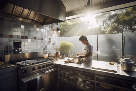 Male Asian adult cooking outdoor kitchen stove. Generative AI AIG23.の素材