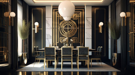 Interior design inspiration of Art Deco Glam style home dining room loveliness decorated with Glass and Velvet material and Geometric Chandelier .Generative AI home interior design .の素材