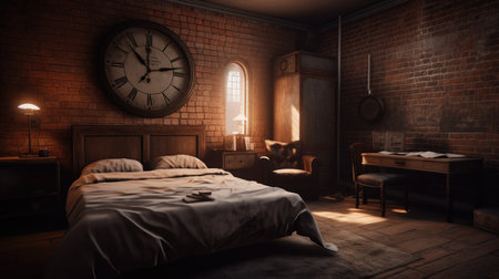 Bedroom decor, home interior design . Industrial Rustic style with Brick Wall decorated with Concrete and Metal material . Generative AI AIG26.の素材