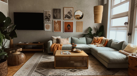 A stylish modern Bohemian living room interior design with green and orange tone colors. Generative AI AIG27.の素材