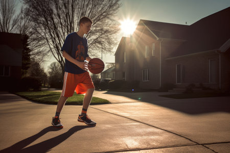 Male Caucasian teenager playing basketball driveway activity. Generative AI AIG23.の素材
