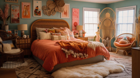 Bedroom decor, home interior design . Bohemian Eclectic style with Gallery Wall decorated with Rattan and Textiles material . Generative AI AIG26.の素材