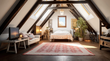 Attic cozy interior design with wooden floor under the skylight. Generative AI AIG27.の素材