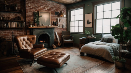 Bedroom decor, home interior design . Rustic Industrial style with Fireplace decorated with Brick and Metal material . Generative AI AIG26.の素材