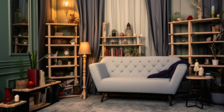 The modern minimal living room in grey tone color with bookshelves and natural pattern wall. Generative AI AIG27.の素材