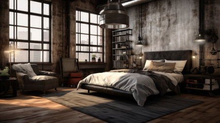 Bedroom decor, home interior design . Industrial Rustic style with Exposed Brick Wall decorated with Metal and Wood material . Generative AI AIG26.の素材