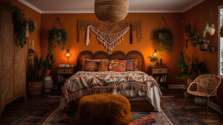 Bedroom decor, home interior design . Bohemian Eclectic style with Tapestry decorated with Rattan and Textile material . Generative AI AIG26.の素材