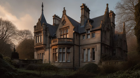 Home architecture design in Colonial Revival Style with Grand entrance constructed by Brick and Stone material. Georgian style. Generative AI AIG25 .の素材