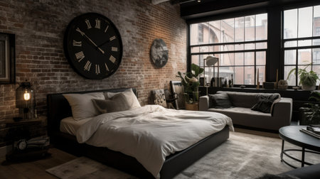 Bedroom decor, home interior design . Industrial Minimalist style with Exposed Brick Wall decorated with Steel and Concrete material . Generative AI AIG26.の素材