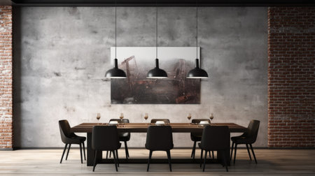 Interior design inspiration of Urban Modern Industrial style home dining room loveliness decorated with Concrete and Steel material and Exposed Brick Wall .Generative AI home interior design .の素材