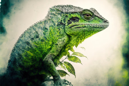 Contemporary abstract artwork double exposure of green lizard and forest landscape design, concept of animal and natural wilderness adventure. Superb Generative AI.の素材