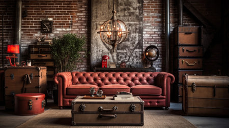 Living room decor, home interior design . Industrial Rustic style with Brick Wall decorated with Metal and Wood material . Generative AI AIG26.の素材