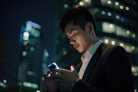 a young chinese Japanese businessman executive using mobile phone with background of modern office buildings at night Generative AI AIG18.の素材