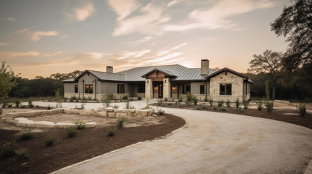 Home architecture design in Ranch Style with Garage constructed by Brick, wood trim, asphalt roof material. Single-story design with a low-pitched roof. Generative AI AIG25 .の素材