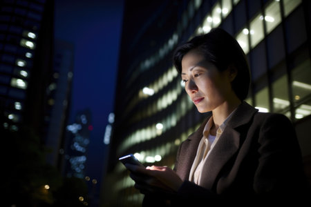Wide angle shot of a senior chinese japanese businesswoman executive using mobile phone with background of modern office buildings at night. Generative AI AIG18.の素材