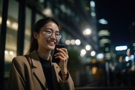 Wide angle shot of a young chinese japanese businesswoman executive using mobile phone with background of modern office buildings at night. Generative AI AIG18.の素材