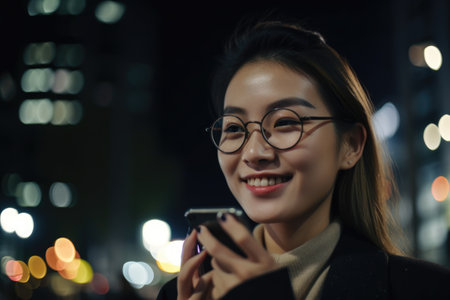 a young chinese japanese businesswoman executive using mobile phone with background of modern office buildings at night Generative AI AIG18.の素材