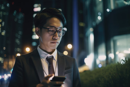 Wide angle shot of a young chinese japanese businessman executive using mobile phone with background of modern office buildings at night. Generative AI AIG18.の素材