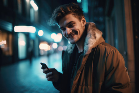 Low angle shot of a young caucasian man trendy clothes using mobile phone with background of urban city street at night. Generative AI AIG18.の素材