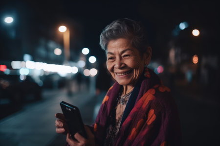 Wide angle shot of a senior mexican hispanic woman trendy clothes using mobile phone with background of urban city street at night. Generative AI AIG18.の素材