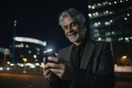 Wide angle shot of a senior caucasian businessman executive using mobile phone with background of modern office buildings at night. Generative AI AIG18.の素材