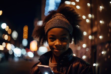 Wide angle shot of a young african-american 10-year-old little girl trendy clothes using mobile phone with background of urban city street at night. Generative AI AIG18.の素材