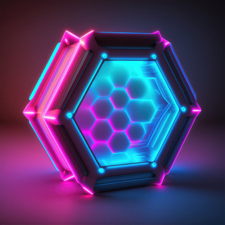 Overlapped Lightning neon magical hexagon effecting on black background. Reflection of glowing digital abstract portal effect on cyberpunk concept. Finest generative AI.の素材