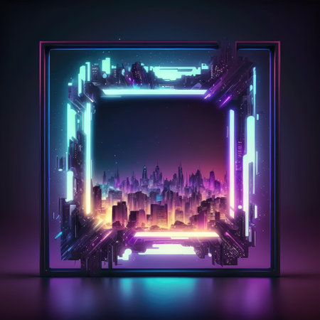Futuristic of neon glowing in square shape of cityscape. Concept of colorful cyberpunk in building view with digital design. Finest generative AI.の素材