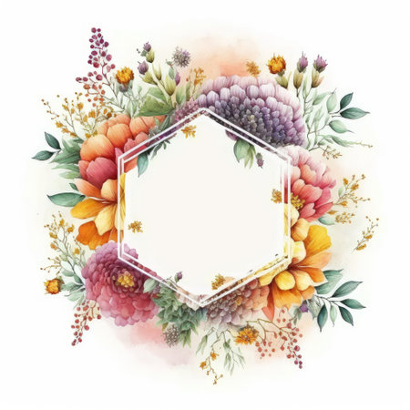 Watercolor pastel colorful floral drawing in hexagon made from dried flowers in shape concept. Finest generative AI.の素材