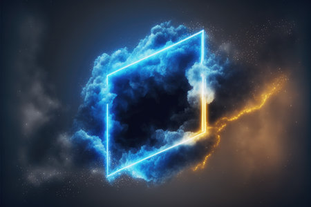 Abstract futuristic neon frame with geometric shape and stormy cloud on night sky. Concept of exploding mist with golden and blue color through frame picture. Finest generative AI.の素材