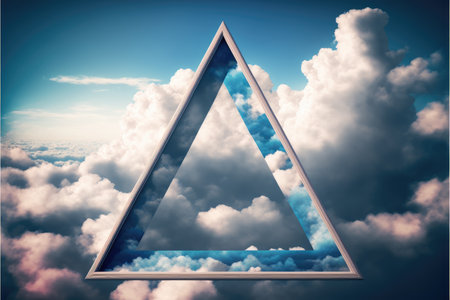 Frame made with covered white cloud in the sky in triangle shape. Concept of luxurious fantasy window. Finest generative AI.の素材