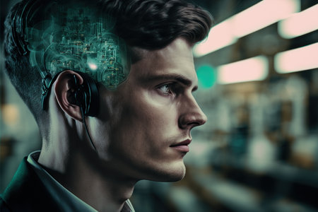 Thoughtful factory supervisor or businessman portrait and wondrous double exposure with industrial production line conveyor process in background. Industrial manufacturing design by Generative AI.の素材