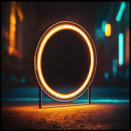 Abstract art in skyscraper view in neon spotlight circle frame. Concept of glowing geometric shape at night time. Finest generative AI.の素材