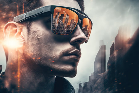Wondrous portrait of modern stylish lifestyle man wearing sunglasses mirror the reflection of sunset and cityscape and construction site in background by Generative AI.の素材