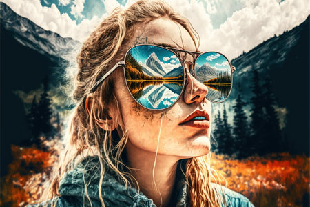 Sunglasses mirrored reflection of the wondrous mountain path and sunny sky portrayed by hiker woman in natural adventurous and nature exploring concept by Generative AI.の素材