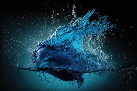 Splash blue water transparent isolated background. Concept of aqua fresh diverse movement in freedom. Finest generative AI.の素材