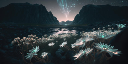 mythical scenery of glowing flower on mountain landscape at night. superlative generative AI image.の素材