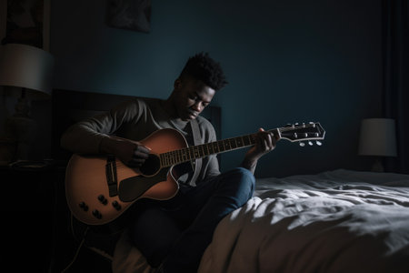Male African 20s playing guitar in bedroom activity music. Generative AI AIG23.の素材