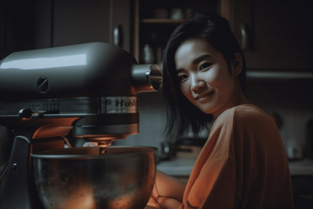 Female Asian adult cooking in kitchen apron chef uniform. Generative AI AIG23.の素材