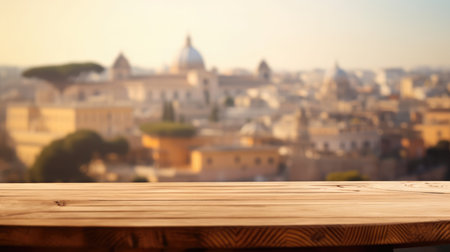 The empty wooden table top with blur background of Rome. Exuberant image.の写真素材