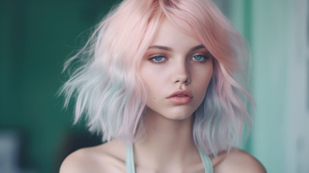 Winter pink paste outfit with beautiful female model, colorful dyed hair and fashionable teenager girl. Picturesque generative AIの素材