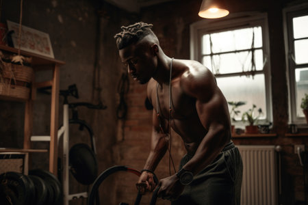 Male African adult working out at home gym athletic exercise. Generative AI AIG23.の素材