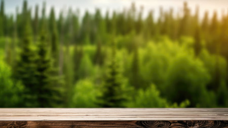 The empty wooden table top with blur background of boreal forest. Exuberant image.の写真素材