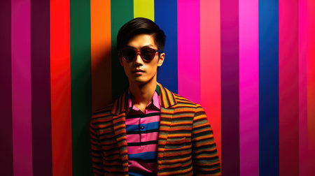 Young male model posing with trendy man fashion outfit and colorful optical art abstract background. Picturesque generative AIの素材