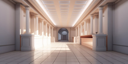 Empty hallway interior background in white tone color with sunlight. Generative AI image AIG30.の素材