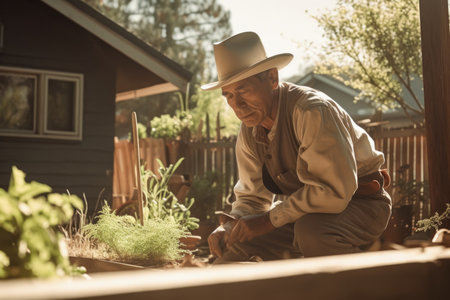 Male Native American 60s gardening in backyard plants overalls. Generative AI AIG23.の素材